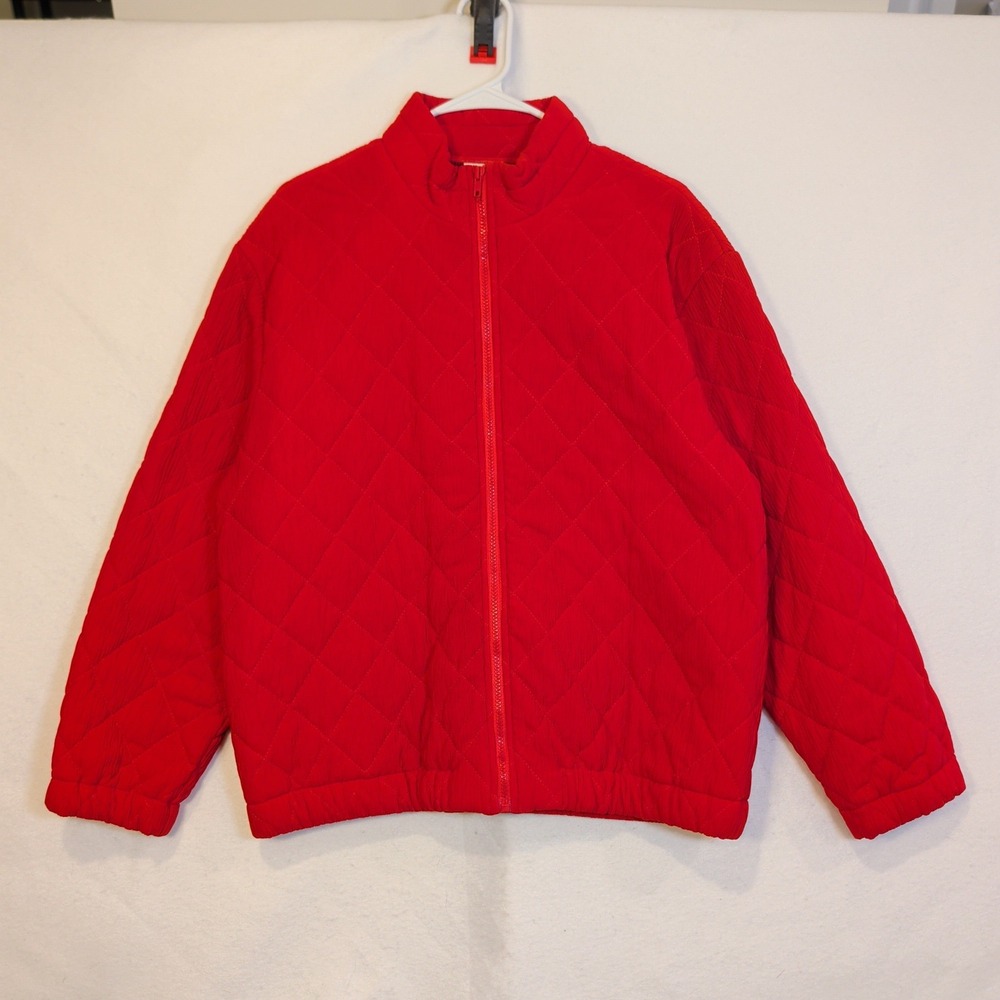 Susan Graver Vintage Red Quilted Zip Up Jacket Mock Neck Large Made in USA